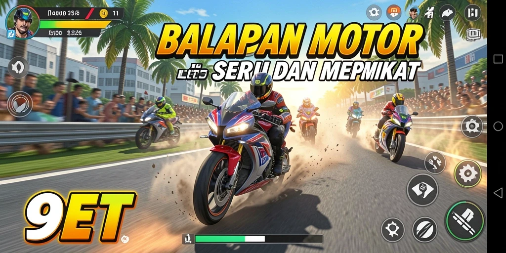 Tampilan screenshot gameplay 9ET dengan balapan motor yang mendebarkan.
