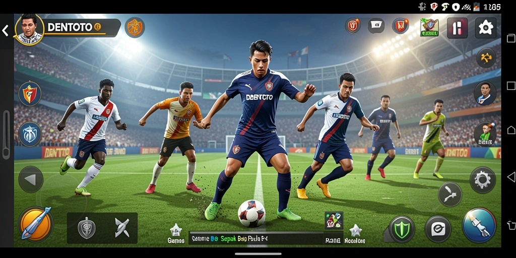 Screenshot gameplay DENTOTO dalam aksi sepak bola yang seru.