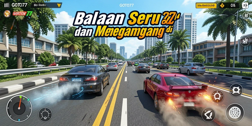 Tampilan gameplay balapan seru di GOTO77 dengan mobil yang melaju kencang.