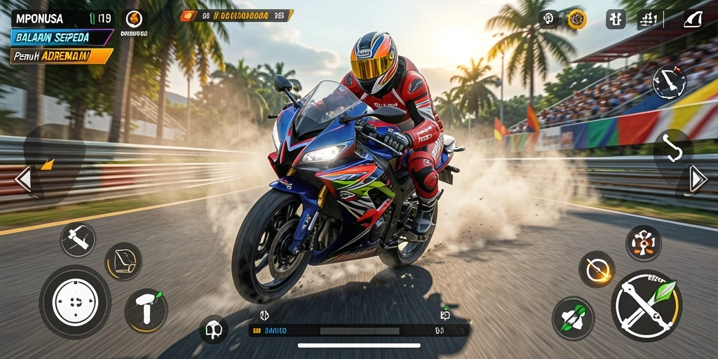 Gameplay MPONUSA menampilkan balapan motor yang seru dan menantang.
